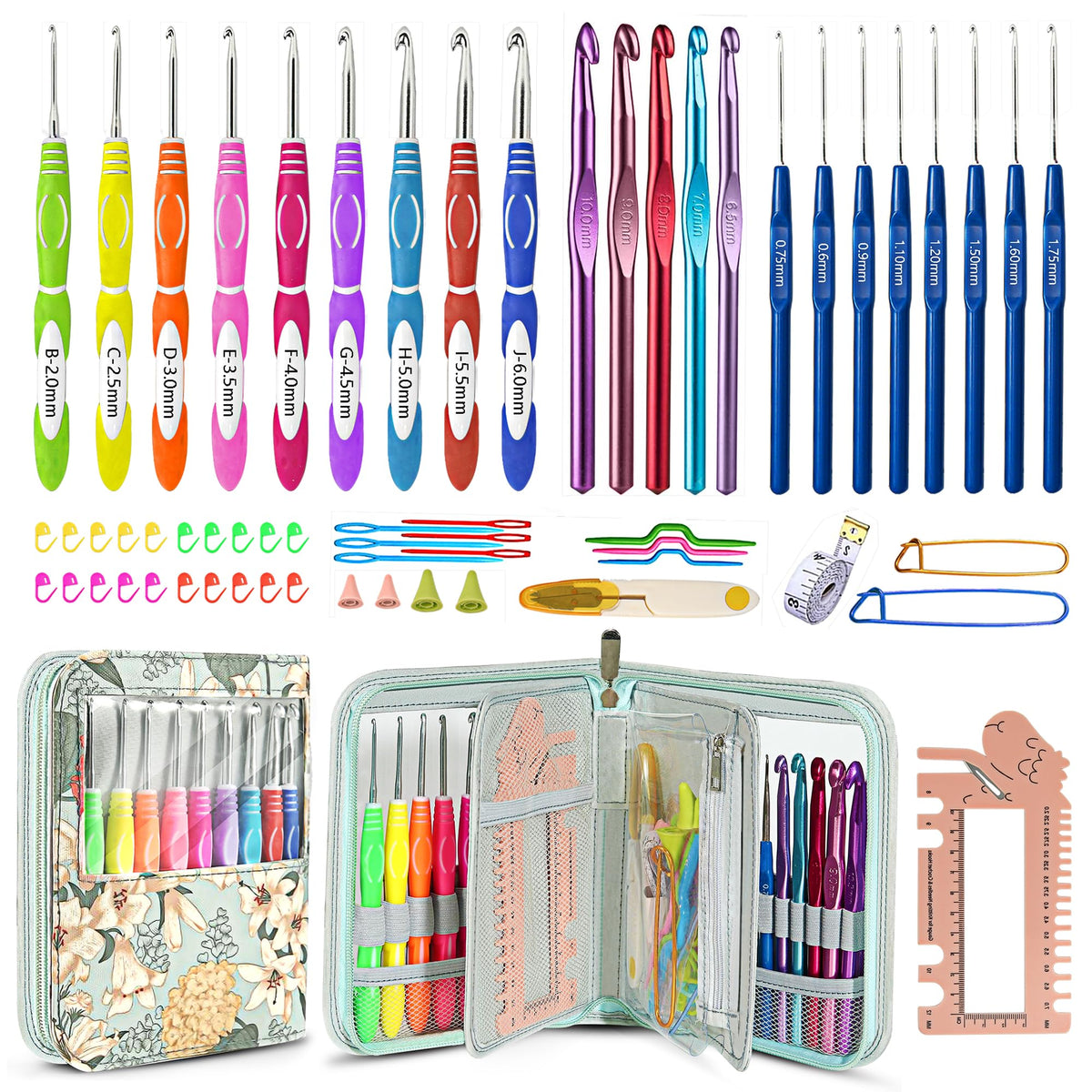61Pcs Ergonomic Crochet Hooks Set, 22size 0.75mm-10mm, with Case for Arthritic Hands, Extra Long Crochet NeedlesGreen