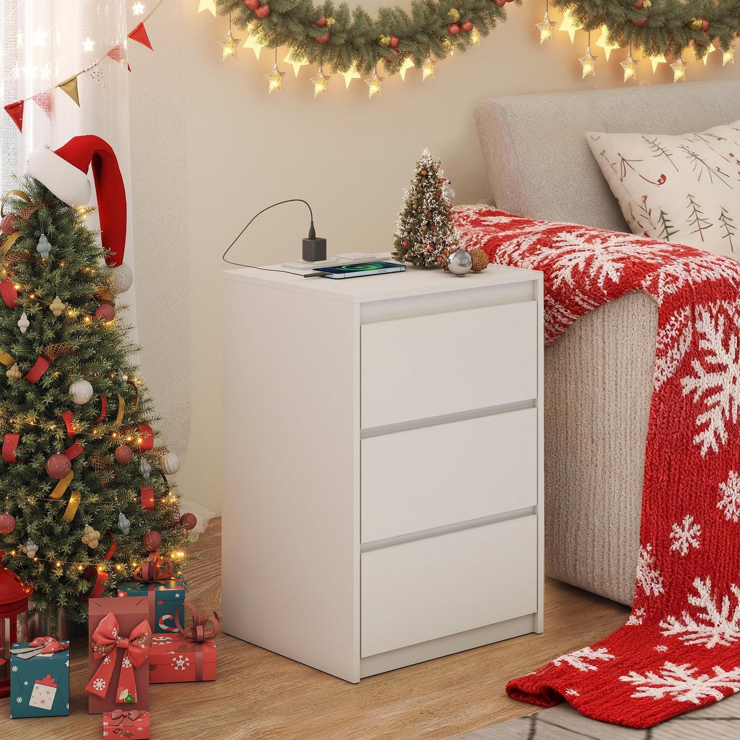 YOSHOOT Bedside Table, Nightstand with 3 Drawers and Power Station, Modern End Table, Wooden Storage Side Table for Living Room Bedroom, 40 * 35 *