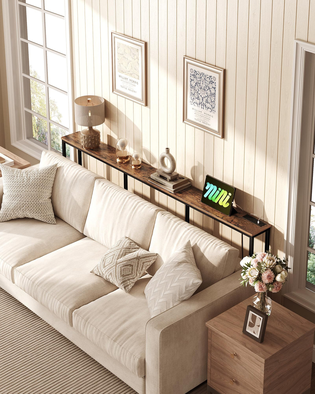 CHOEZON 200 cm Narrow Console Table with Power Outlet, 18 cm Skinny Sofa Table, Long Behind Couch Table with Charging Station, for Entryway, Hallway