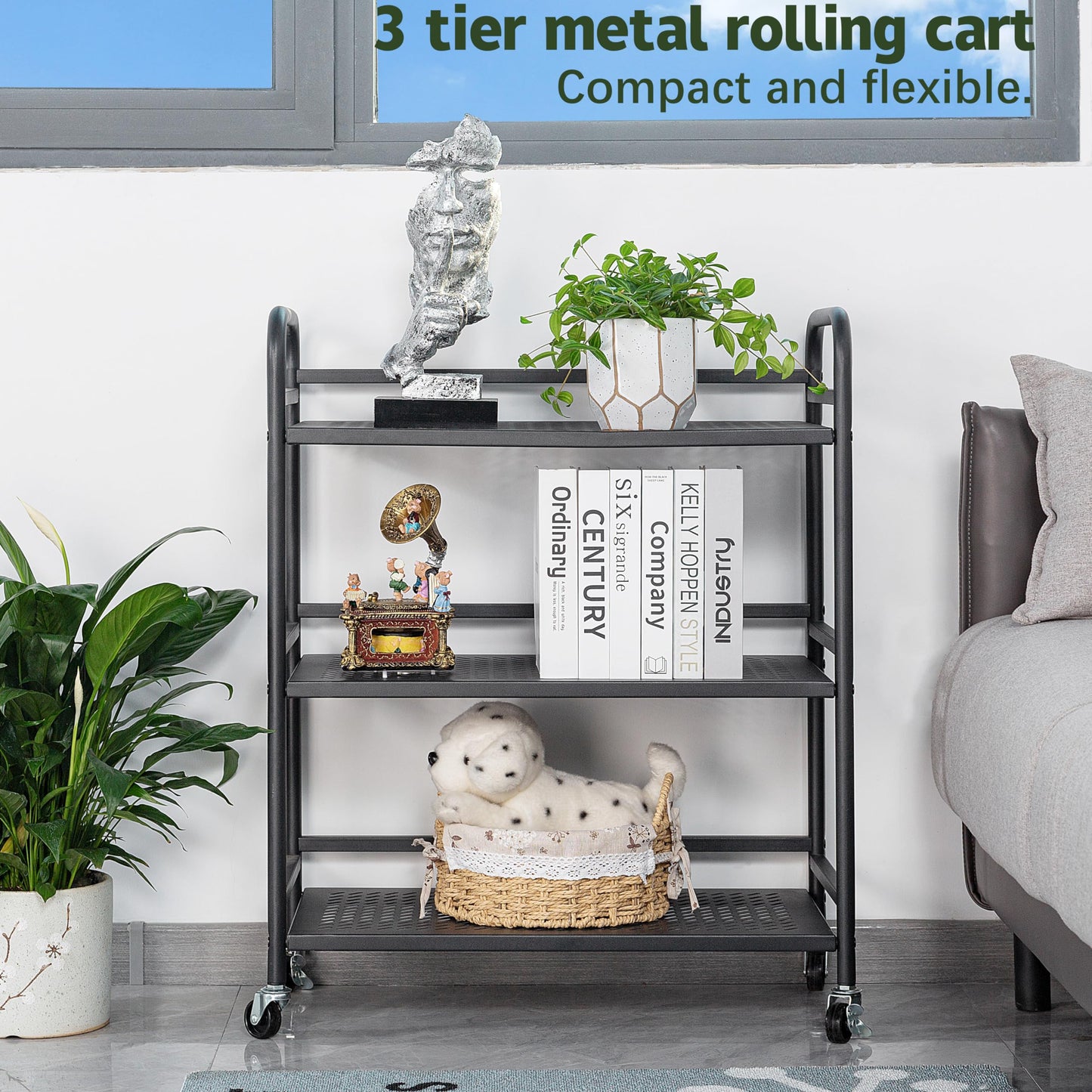 HDANI Serving Trolley,3-Tier Metal Trolley,Black,60x30x75cm Mesh