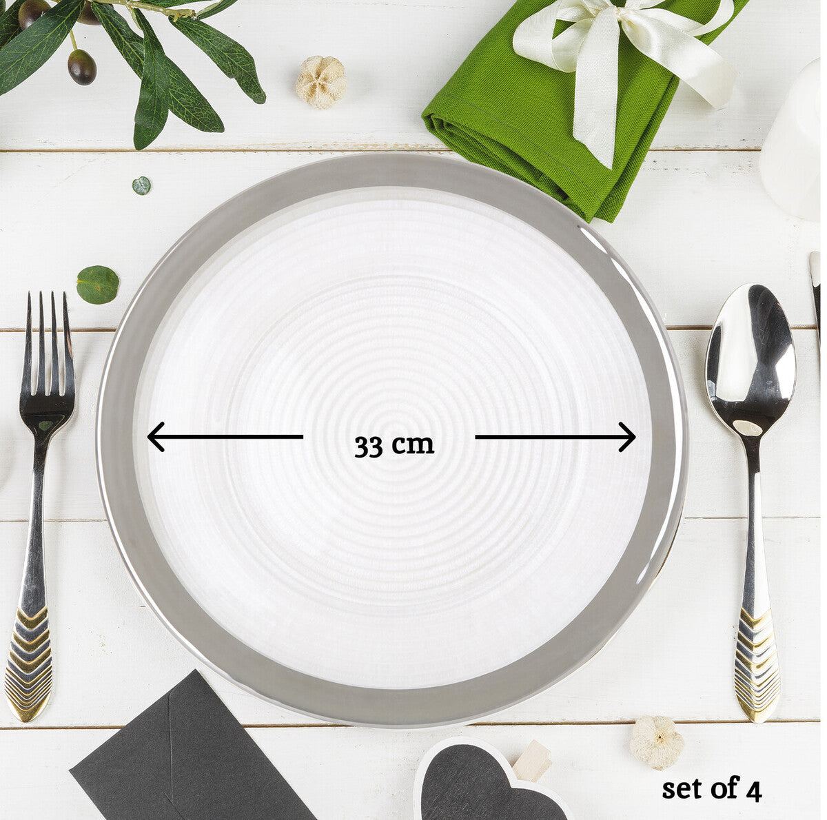 Ida Set of Four 33cm Dia Embossed Charger Plates with Silver Rim