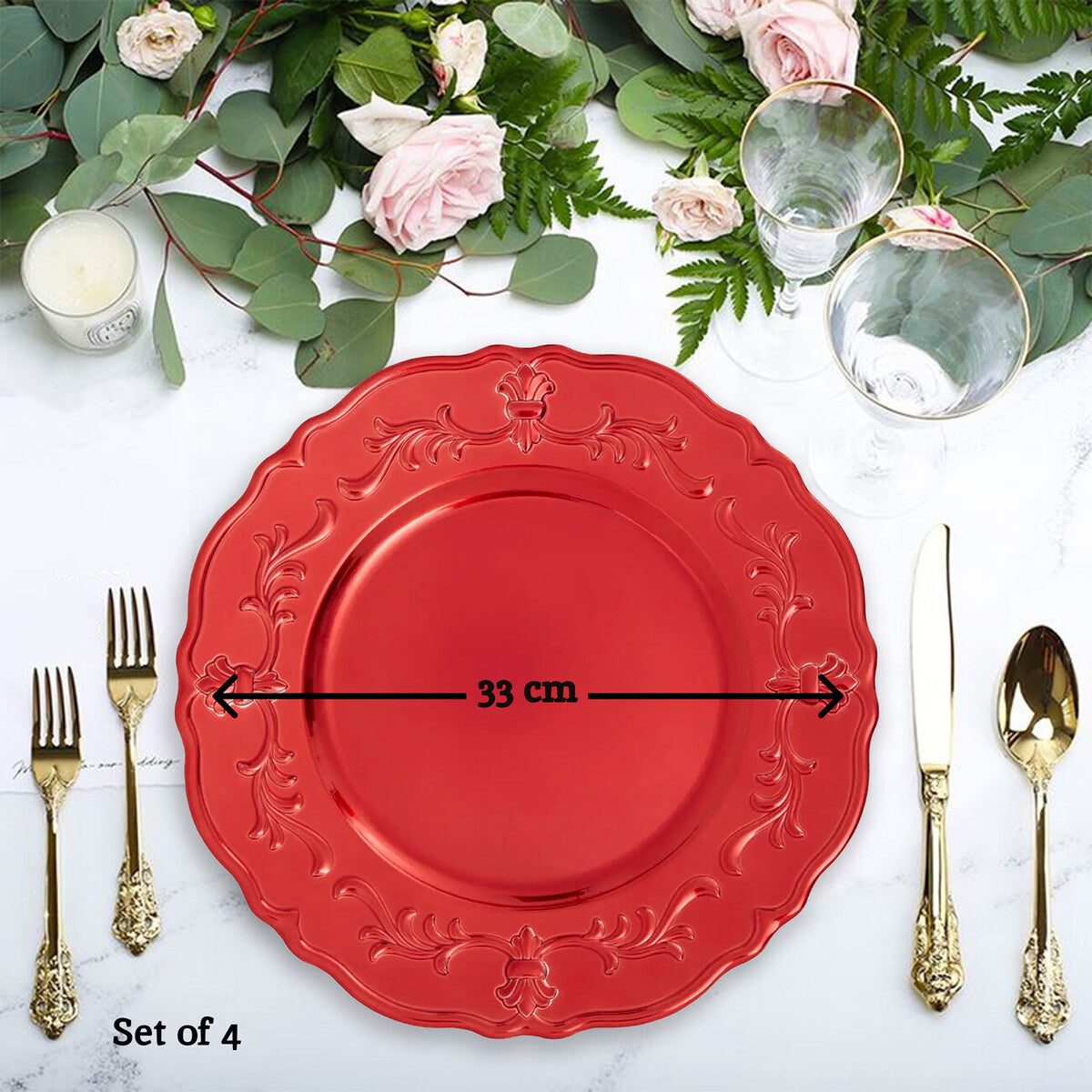 Set of Four 33cm Dia Red Finish Baroque Charger Plates