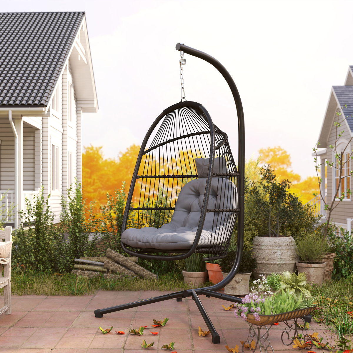 Outsunny Rattan Hanging Egg Chair with Stand, Cushion, Dark Grey