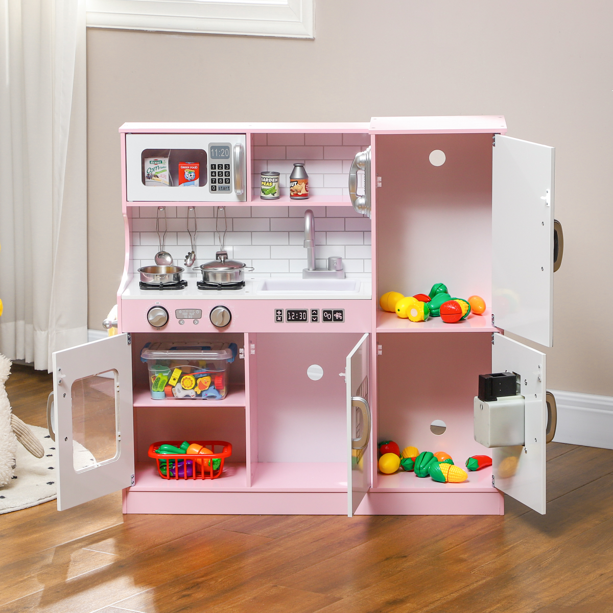 AIYAPLAY Play Kitchen, Pretend Toy Kitchen w/ Toy Phone, Chalkboard, Sink