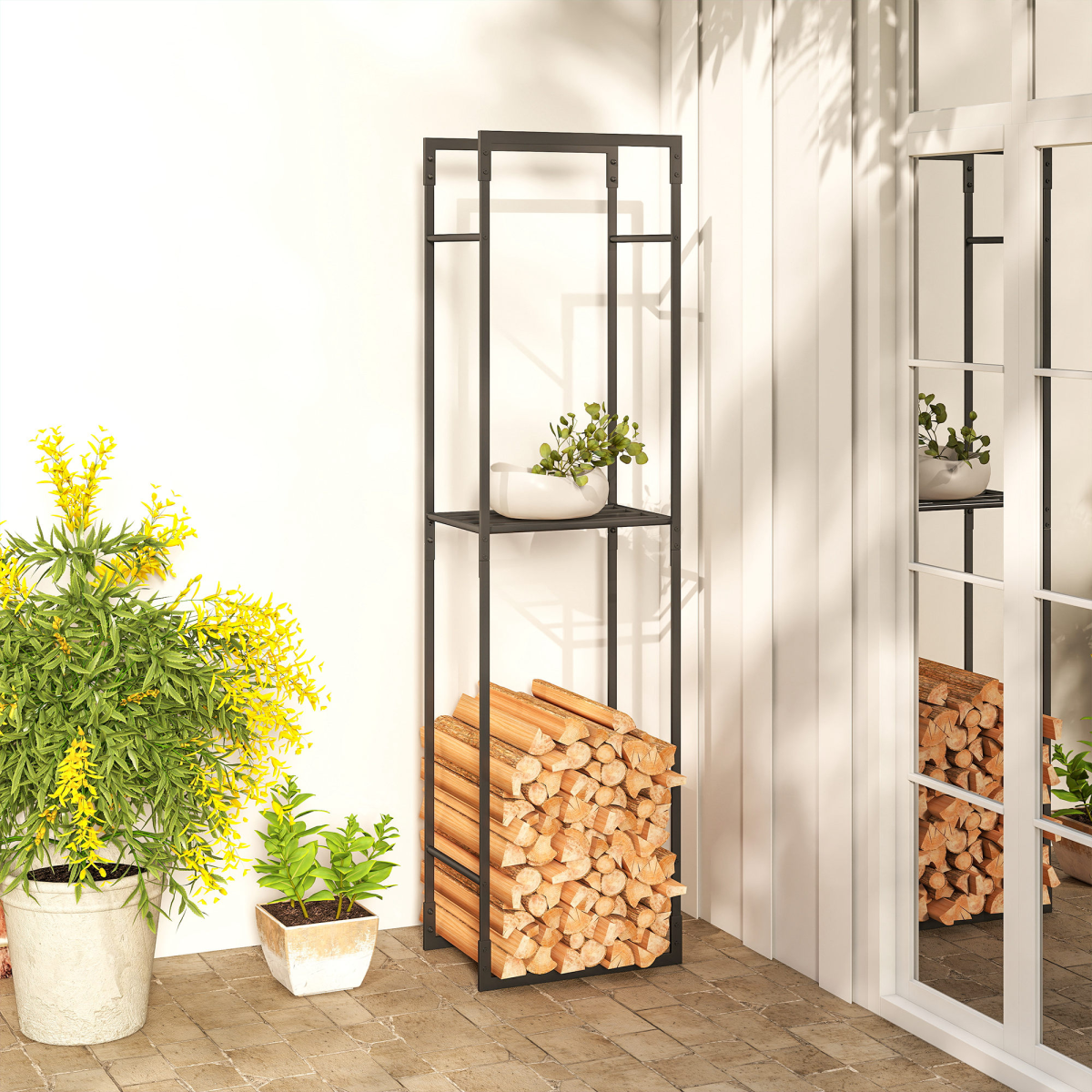 Outsunny Metal Firewood Log Holder, Firewood Rack with Adjustable Shelf