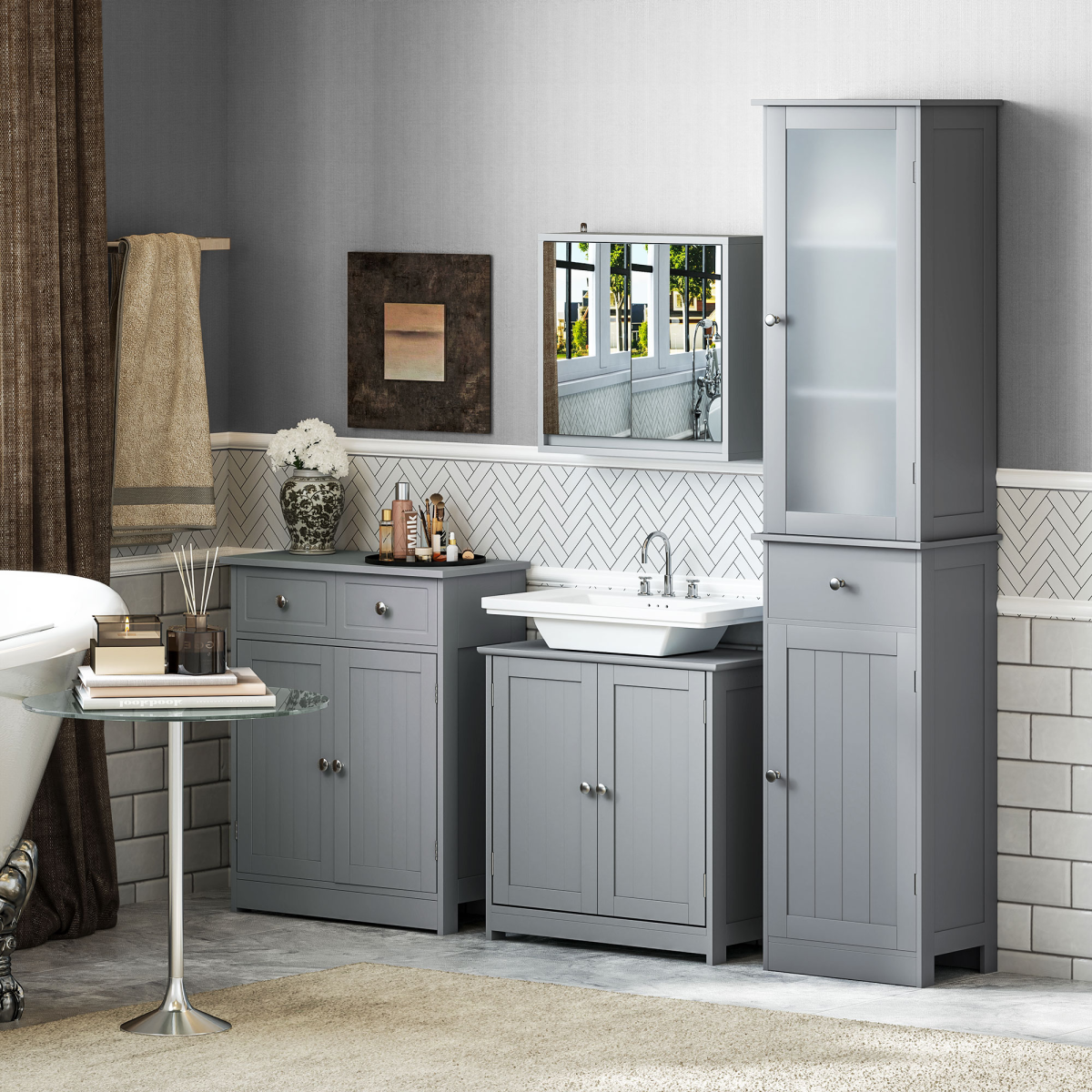 kleankin 60x60cm Under-Sink Storage Cabinet Adjustable Shelf Drain Hole Grey