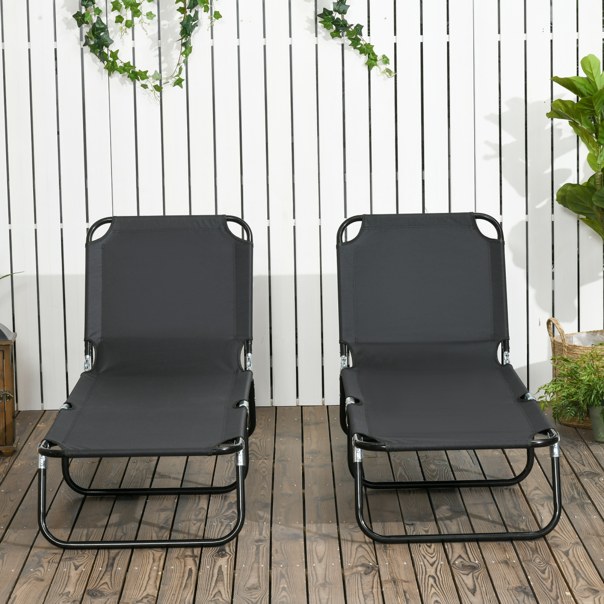 Outsunny Folding Sun Loungers Set of 2 with Adjustable Backrest, Black