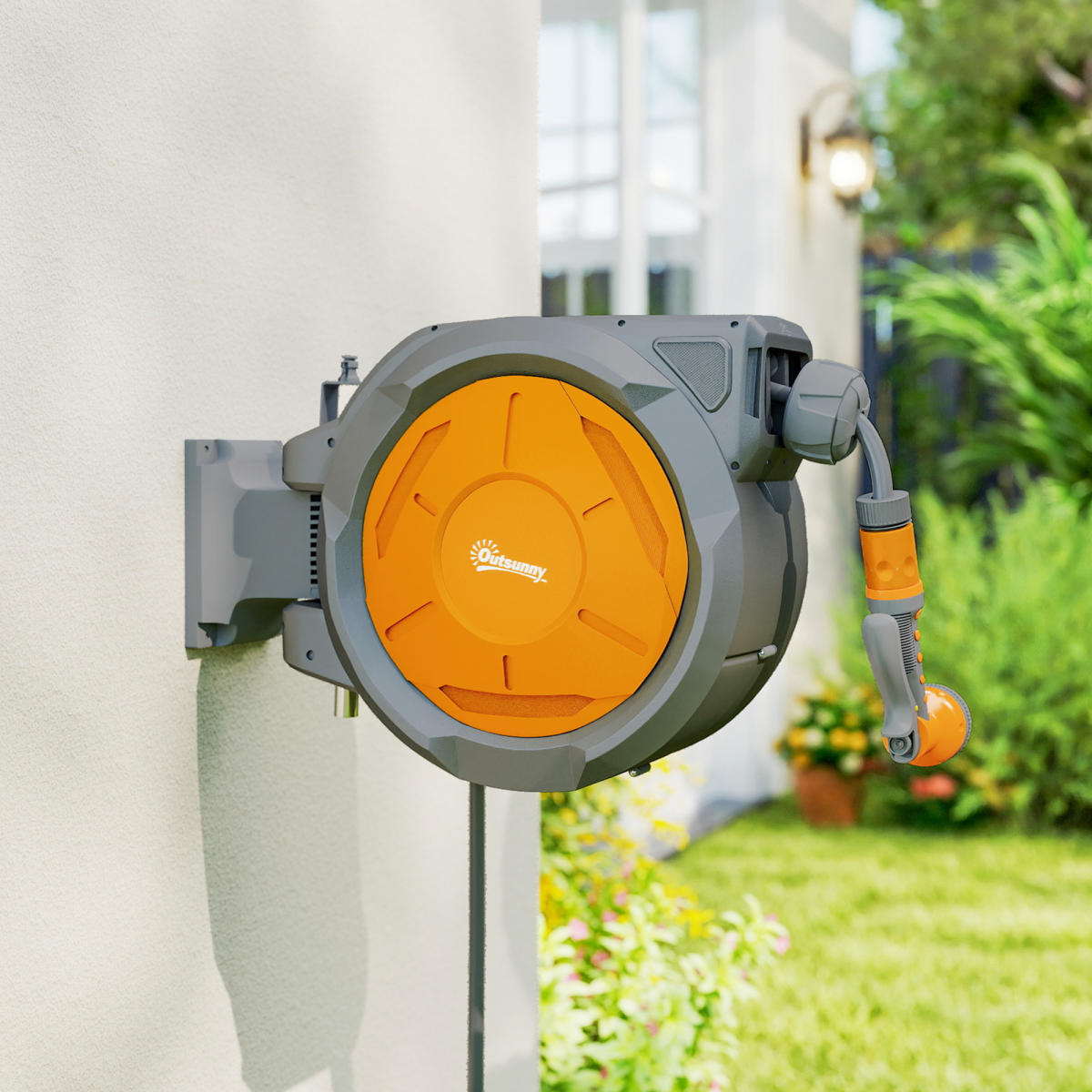 Outsunny Retractable Hose Reel Wall Mounted with Lock, Orange
