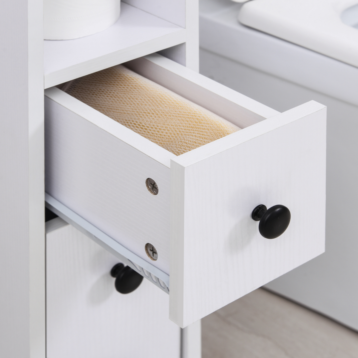 Slimline Bathroom Storage Unit w/ 2 Drawers 2 Open Compartments Wheels White