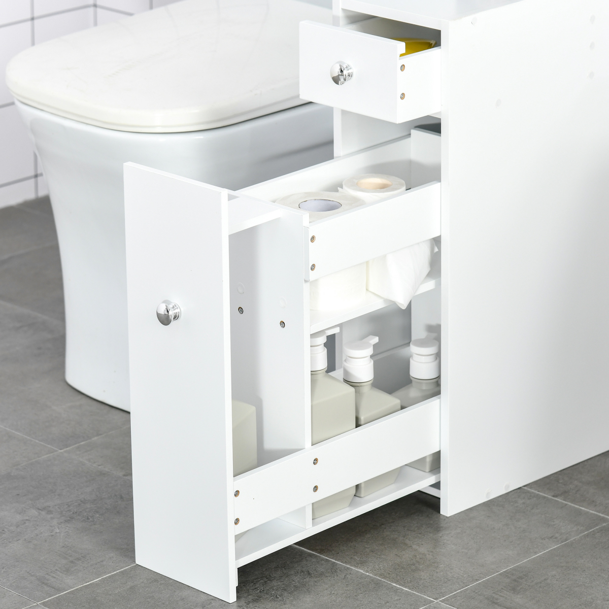 Slim Floor Cabinet Narrow Wooden Storage with Drawers Bathroom White HOMCOM