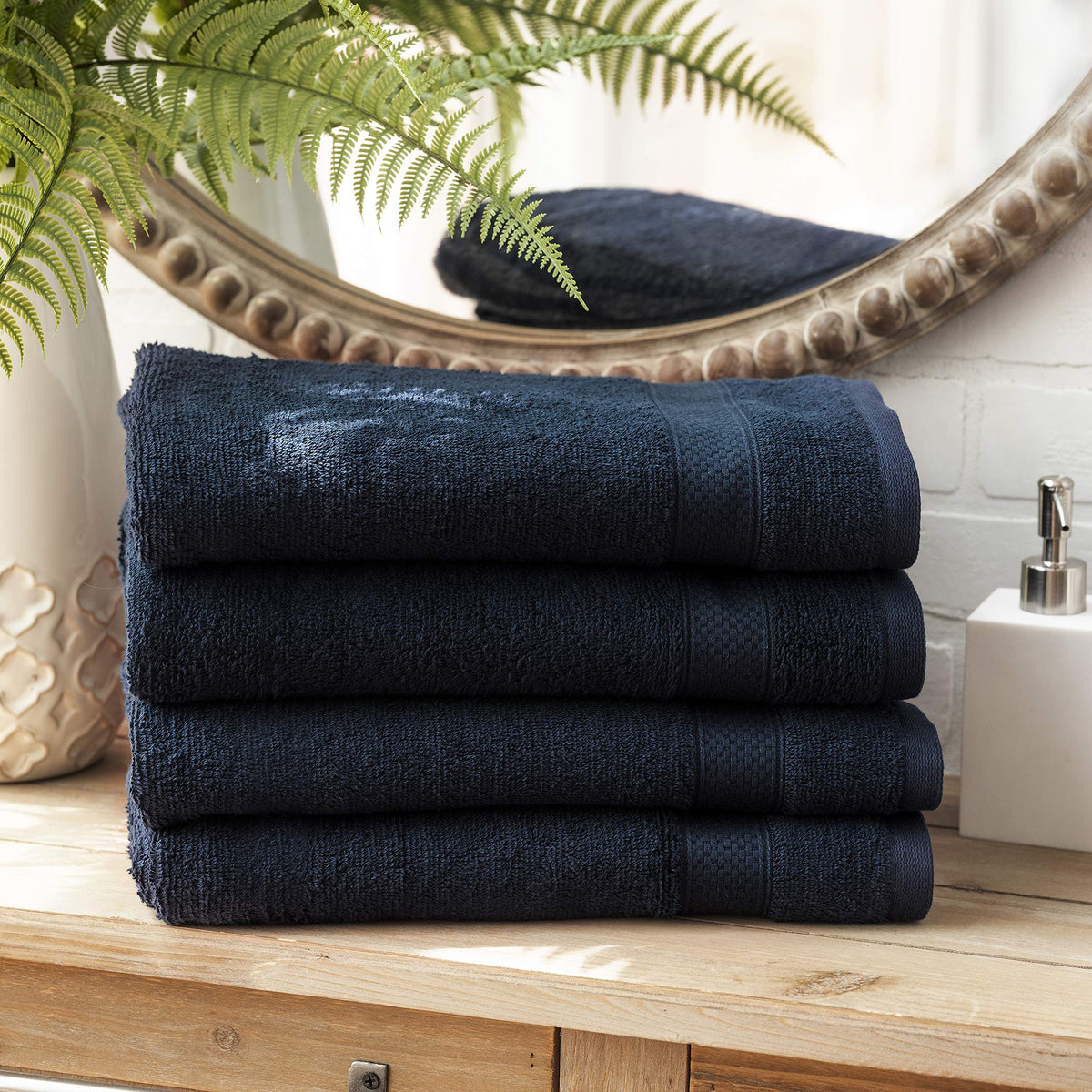 Welhome Basic 100% Cotton Towel Deep Navy- Set of 4 Bath Towels - Quick Dry - Absorbent - Soft - 434 GSM - Machine Washable