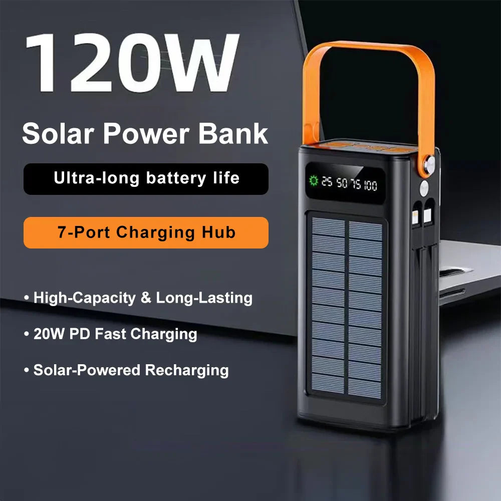 50000mAh Solar Panel Power Bank Fast Charging Comes with Four Wire External Battery Pack Large Capacity Mobile Power