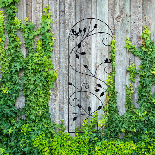 Relaxdays Bird Trellis, Metal Garden Lattice, Climbing Aid for Plants, 120 x 40 cm, Vine Design, Black