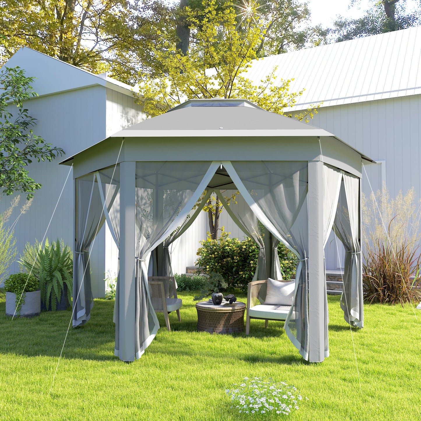 Outsunny 3 x 4m Garden Gazebo Hexagon Pop Up Party Tent Canopy Double Roof Instant Shelter with Netting and Carry Bag,Dark Grey