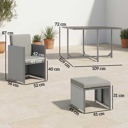 Outsunny 9 Piece Rattan Cube Garden Furniture Dining Set with Armchairs, Footstools and Glass-Top Table, Light Grey