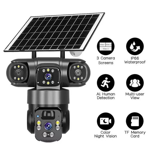 V380 360-Degree Panoramic 3-View 3-Lens Wireless WiFi/4G Solar-Powered Camera Surveillance System