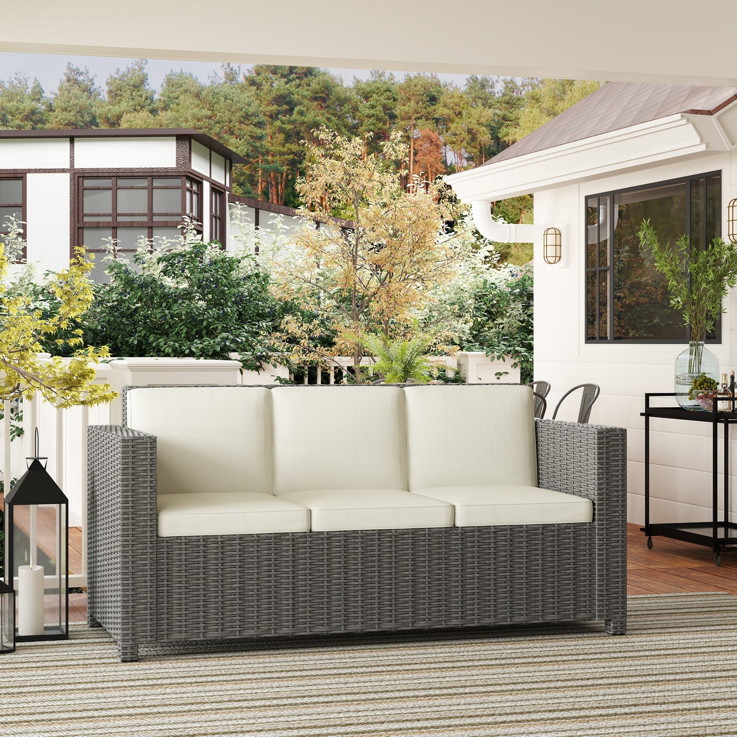 Outsunny 3 Seater Rattan Sofa All-Weather Wicker Weave Metal Frame Chair with Fire Resistant Cushio-Cream