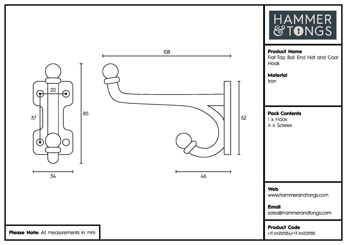 35mm x 85mm Flat Top Ball End Brass Hat & Coat Hook