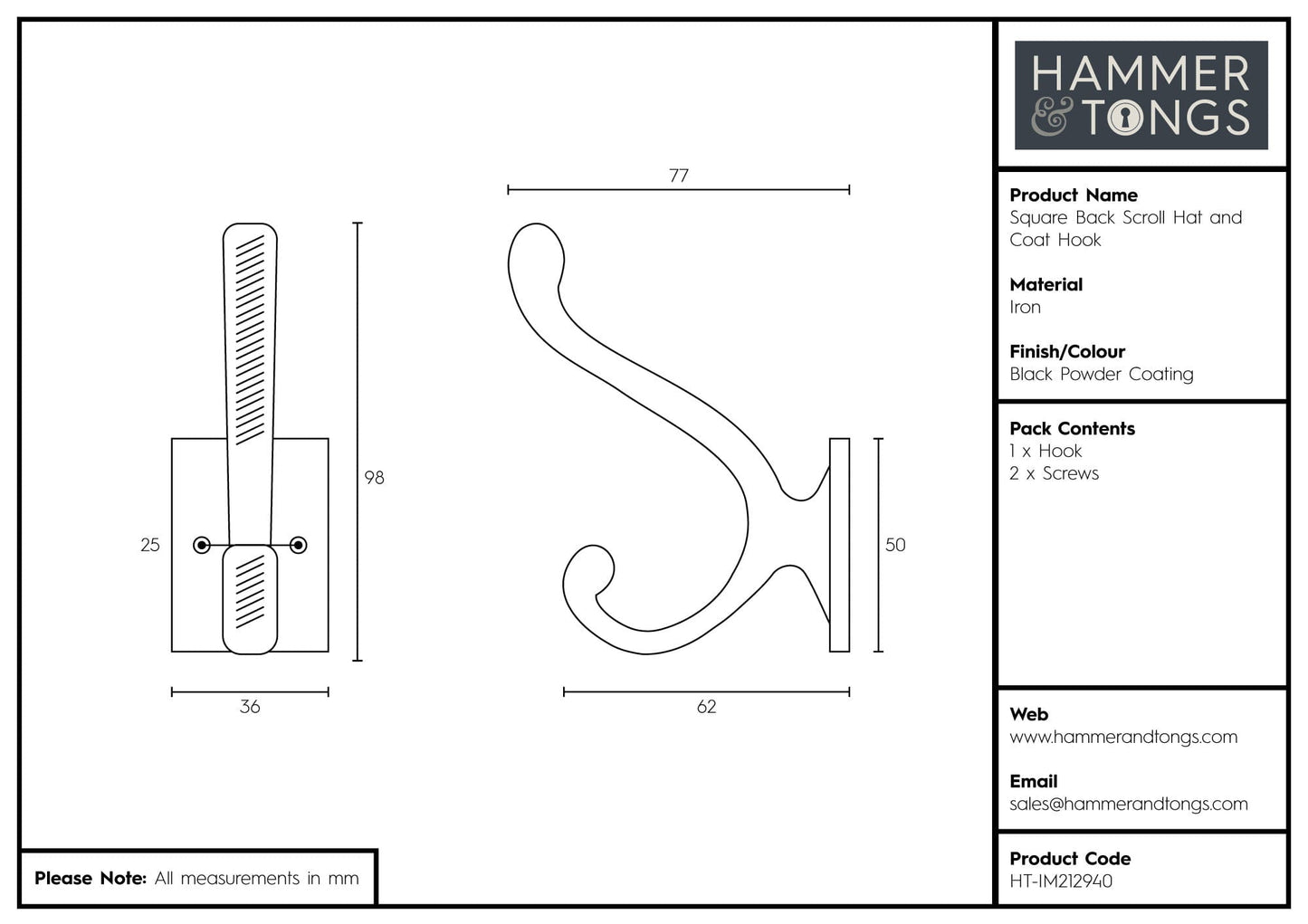 35mm x 100mm Black Square Back Scroll Hat & Coat Hook