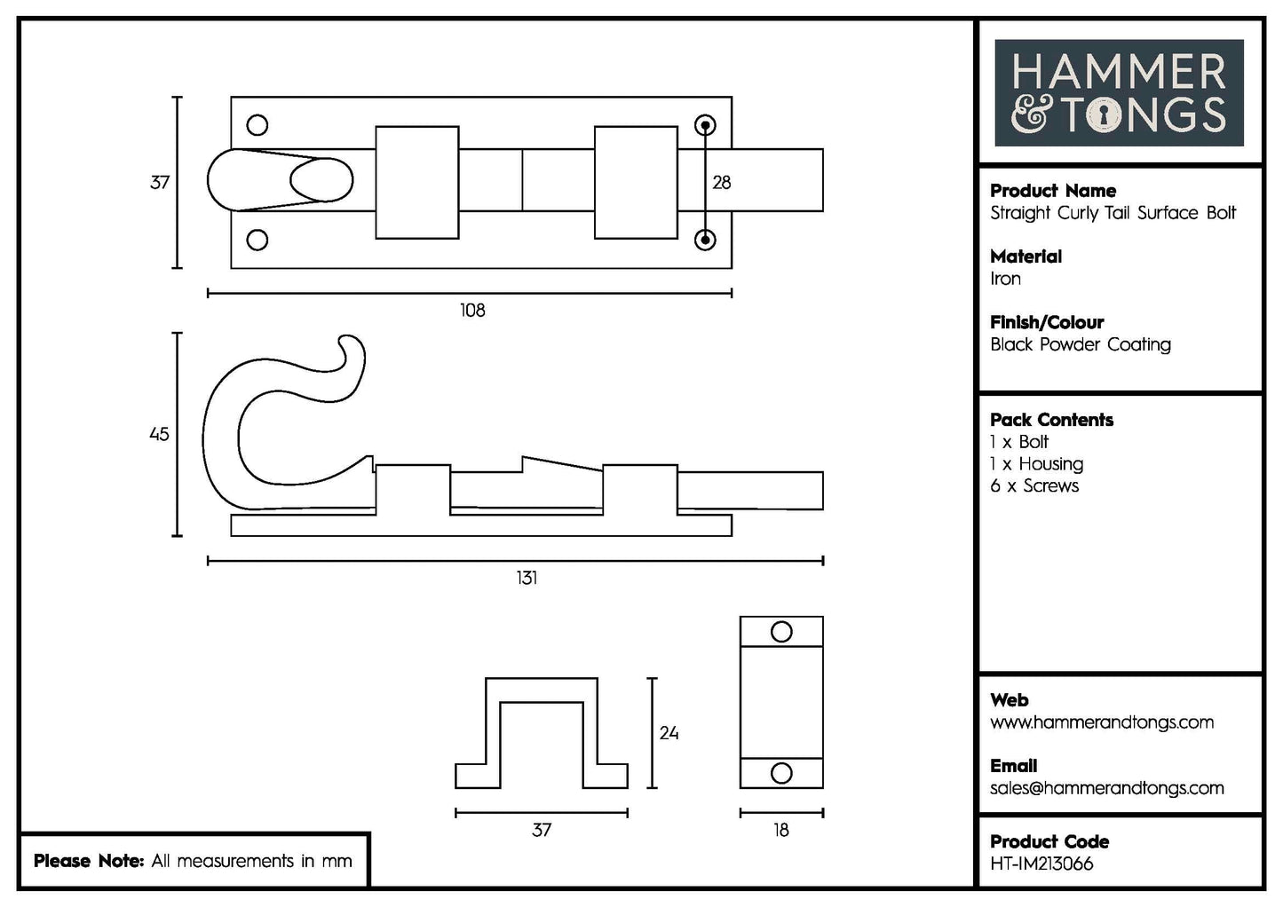 110mm Black Straight Shepherd's Crook Surface Bolt