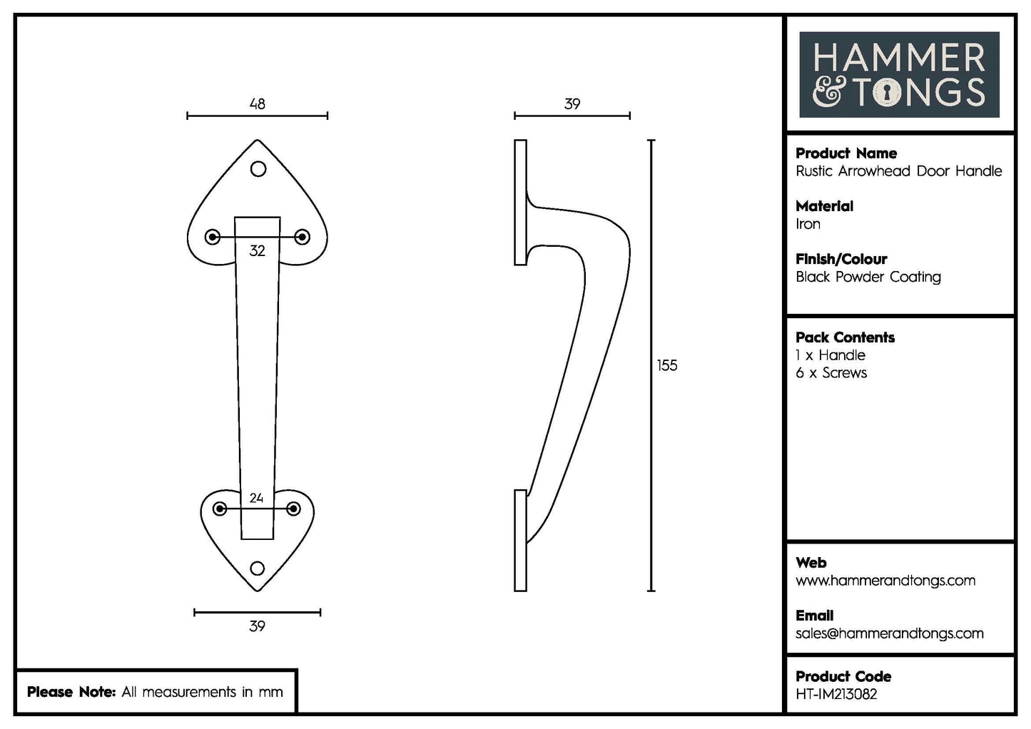 155mm Black Rustic Arrowhead Door Handle