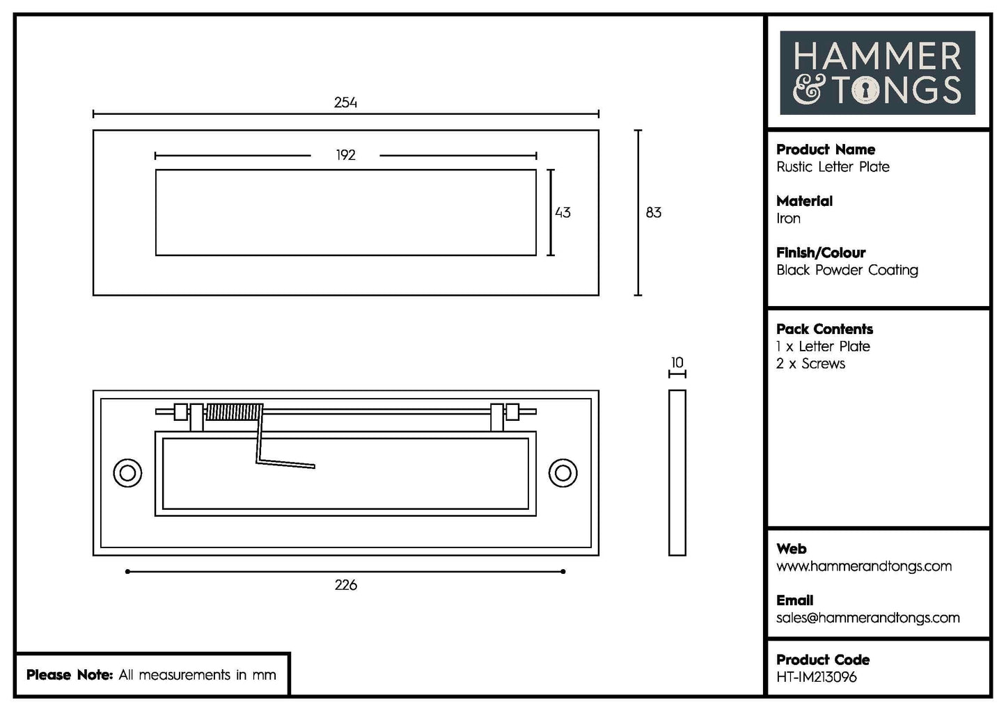 255mm x 85mm Black Rustic Letter Plate