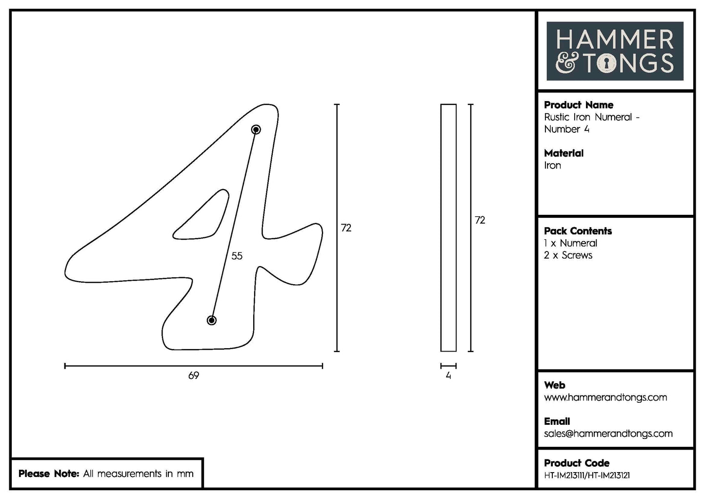 80mm Grey Rustic Iron House Number 4