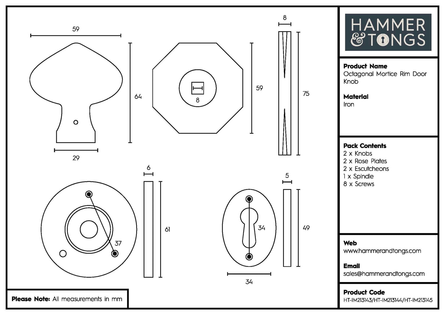 60mm Octagonal Rim & Mortice Door Knob