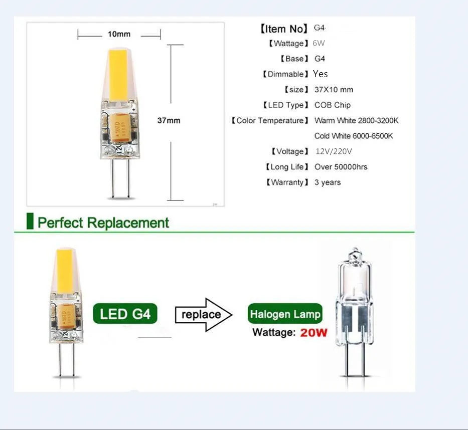 10PCS Dimmable Mini G4 LED COB Lamp 6W Bulb AC DC 12V 220V Candle Lights Replace 30W 40W Halogen for Chandelier Spotlight