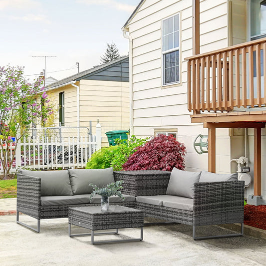 Outsunny 4 PCs Garden Rattan Wicker Outdoor Furniture Patio Corner Sofa Love Seat and Table Set with Cushions Side Desk Storage - Mixed Grey