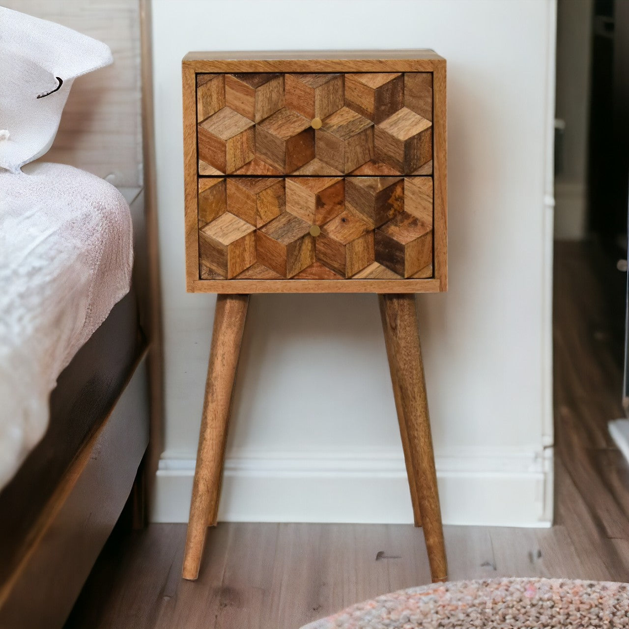 Mini Cube Carved 2 Drawer Bedside
