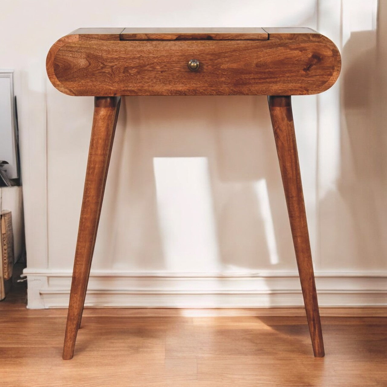 Mini Honey Caramel Dressing Table with Foldable Mirror