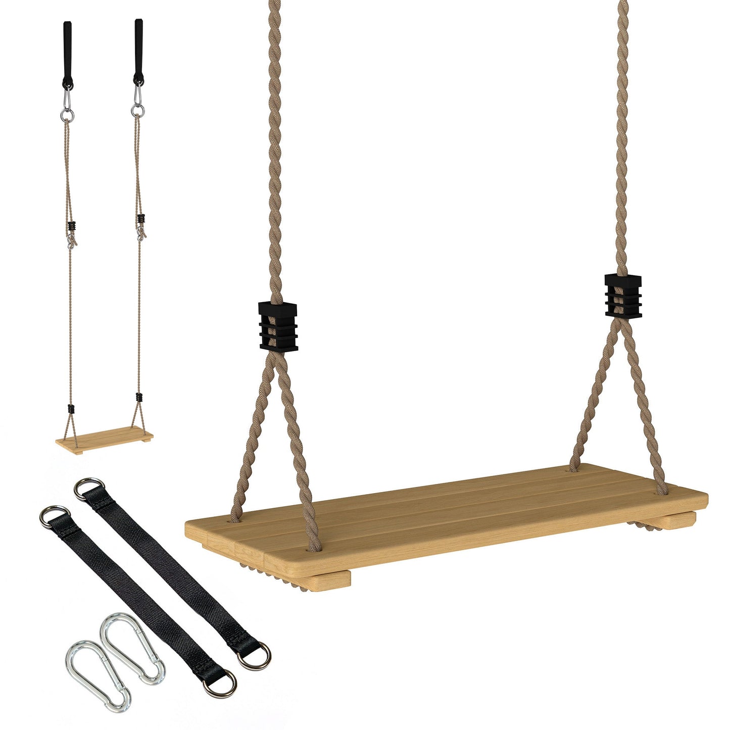 AIYAPLAY Wooden Swing Seat, Kids Swing Set with Adjustable Rope and Tree Straps, Outdoor Playground Playset for Kids