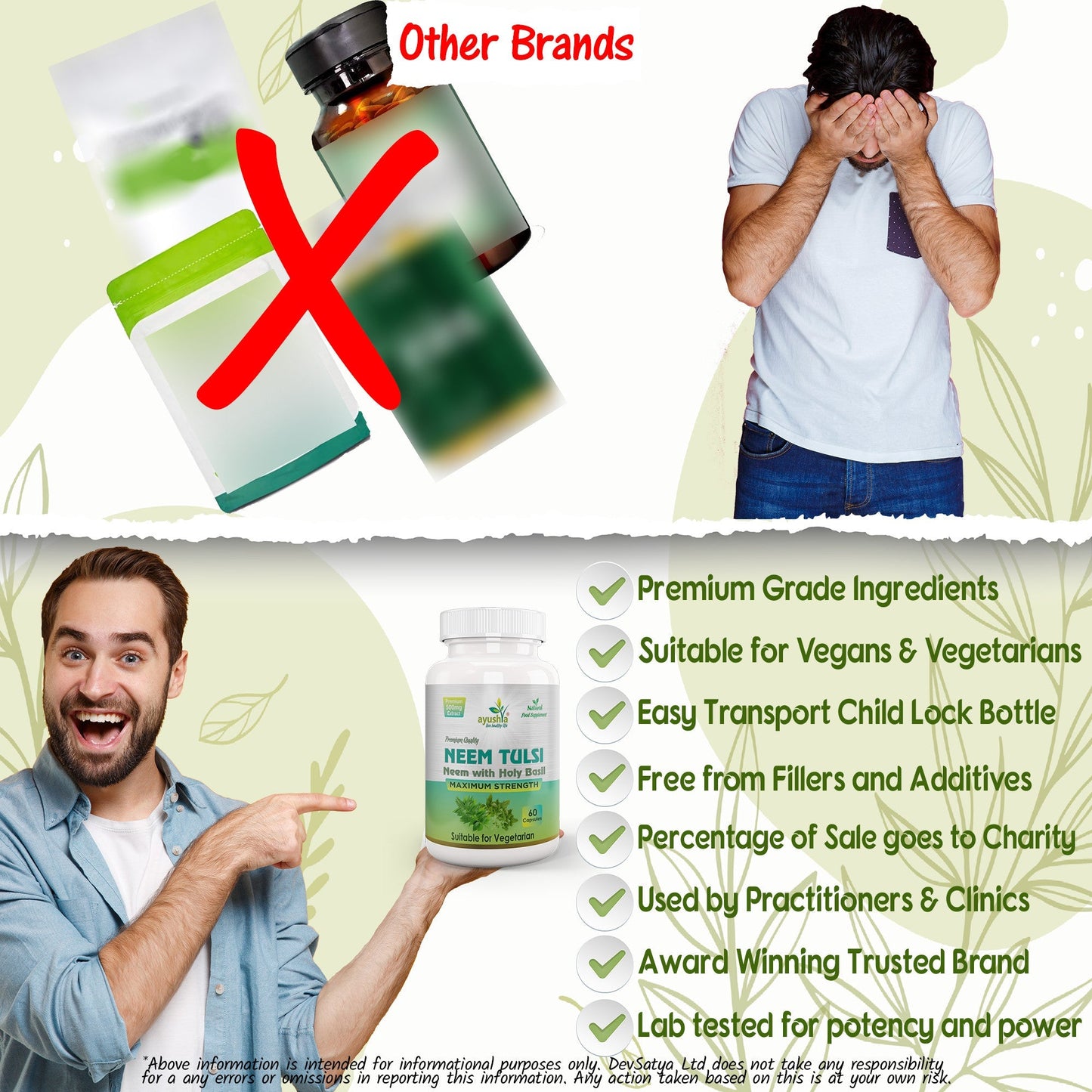 Ayushya Neem Tulsi Capsules Skin Clarity & Immune Wellness Support - Vegan, Gluten Free, Non-GMO, 60 Capsules