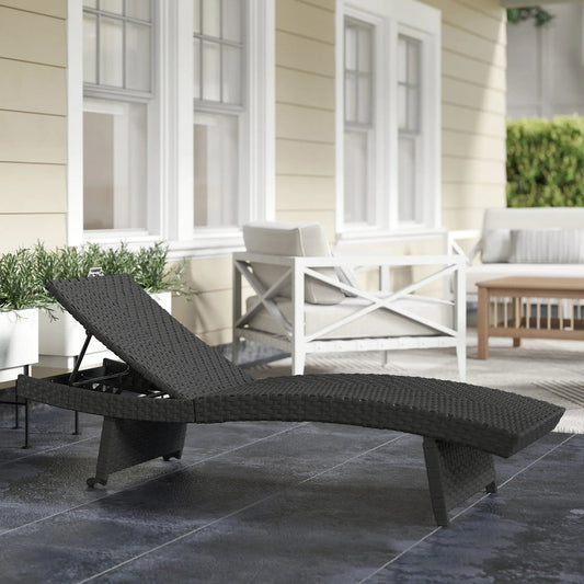 Outsunny Outdoor PE Rattan Sun Lounger, Folding Wicker Garden Lounger Recliner with 4-Level Adjustable Backrest, Rolling Sunbed Lounge Chair with Wheels, Non-Slip Legs for Balcony, Beach, Black