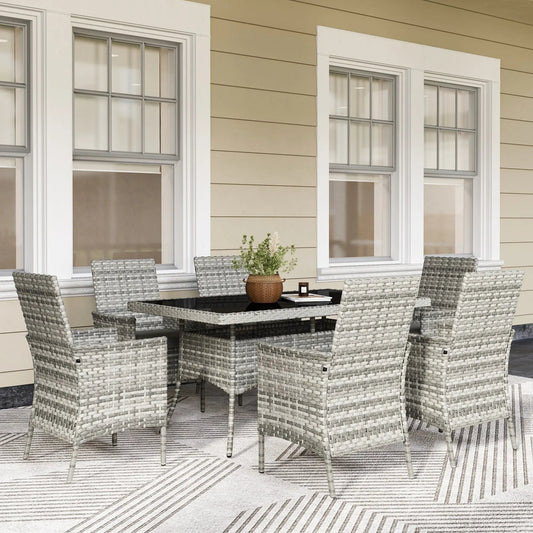Outsunny Rattan Garden Furniture Set, 6 Seater Outdoor Dining Table and Chairs with Cushions, 150 x 90cm Rectangular Tempered Glass Table, 6 Armchairs, for Terrace, Conservatory, Balcony, Mixed-Grey