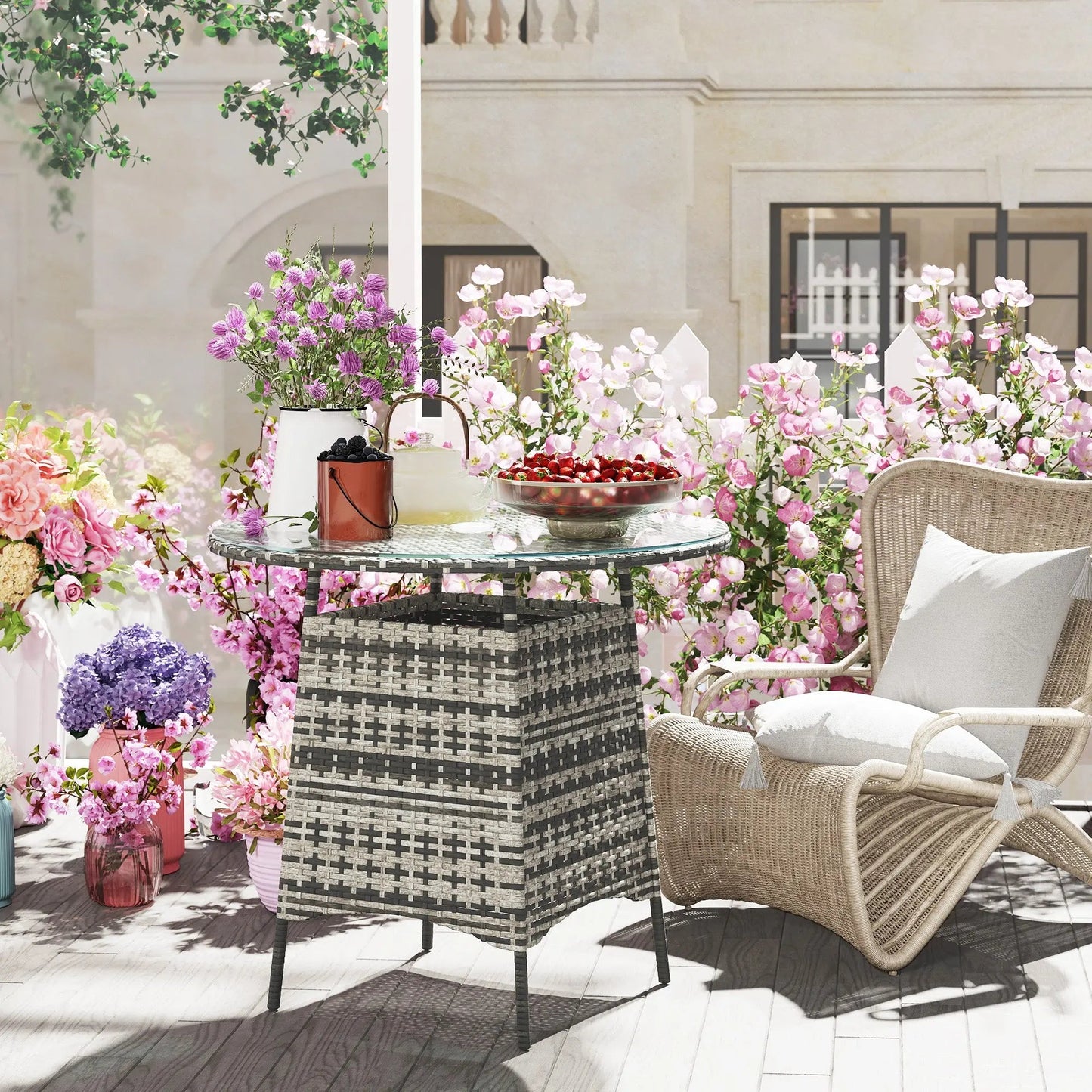 Outsunny Wicker Garden Rattan Table, Patio Furniture Outdoor Coffee Table with Umbrella Hole and Tempered Glass Top, Grey