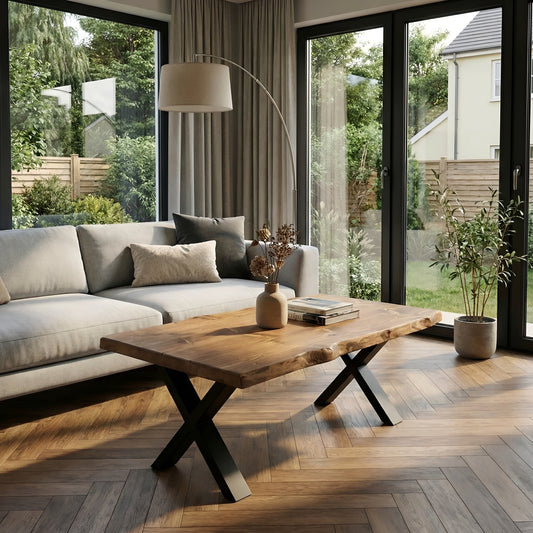 RITA Live / Waney Edge Coffee Table With Metal X Legs