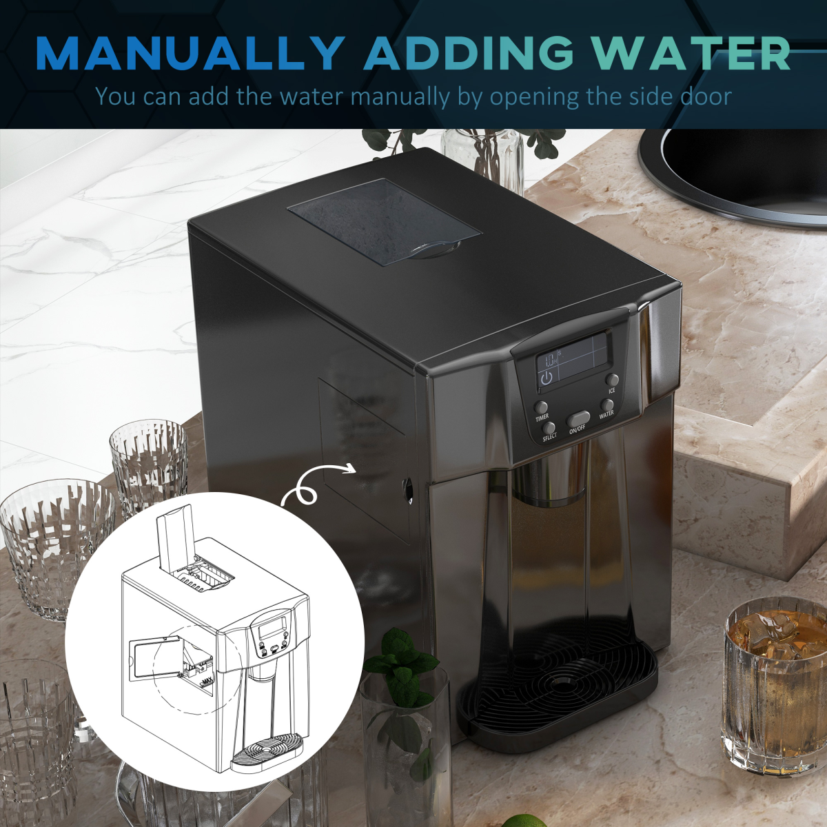 HOMCOM Ice Maker Machine and Water Dispenser No Plumbing Required Black