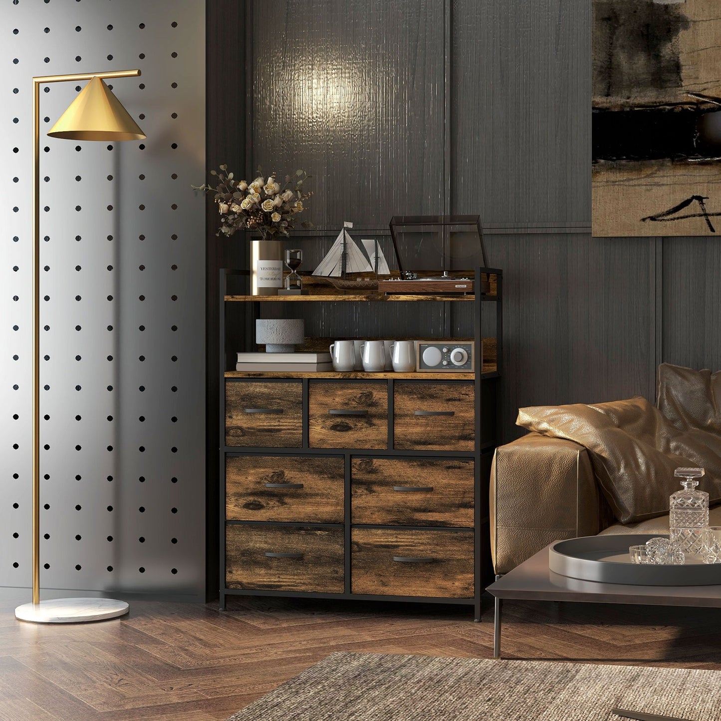 HOMCOM Bedroom Chest of Drawers 7 Drawer Dresser w/ Shelves, Rustic Brown