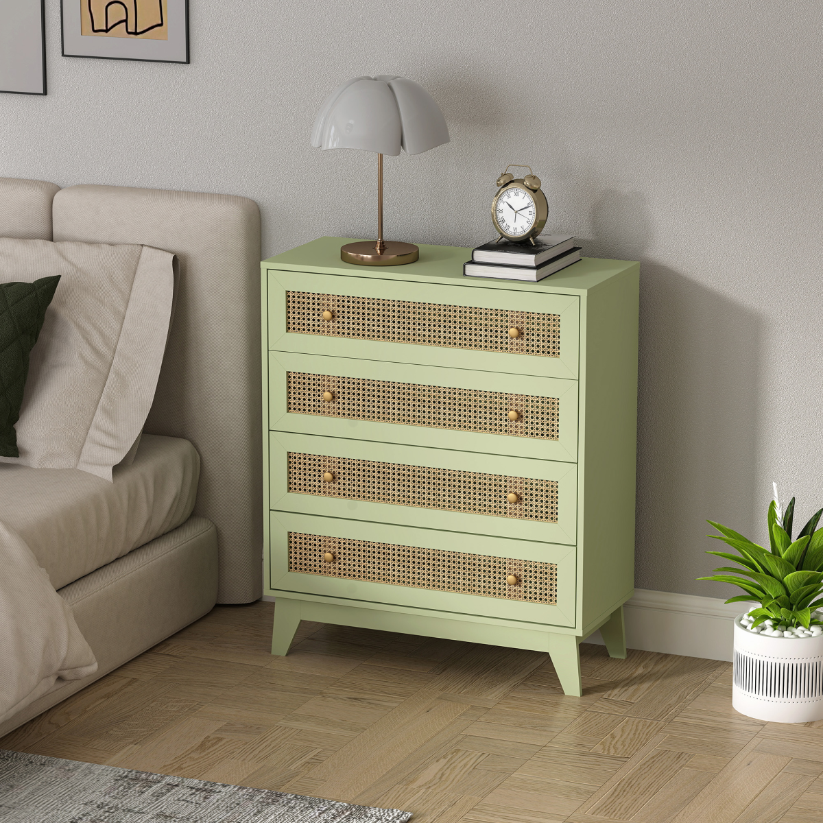 HOMCOM Chest of Drawers, 4 Drawer Unit Storage Organiser with Rattan Element