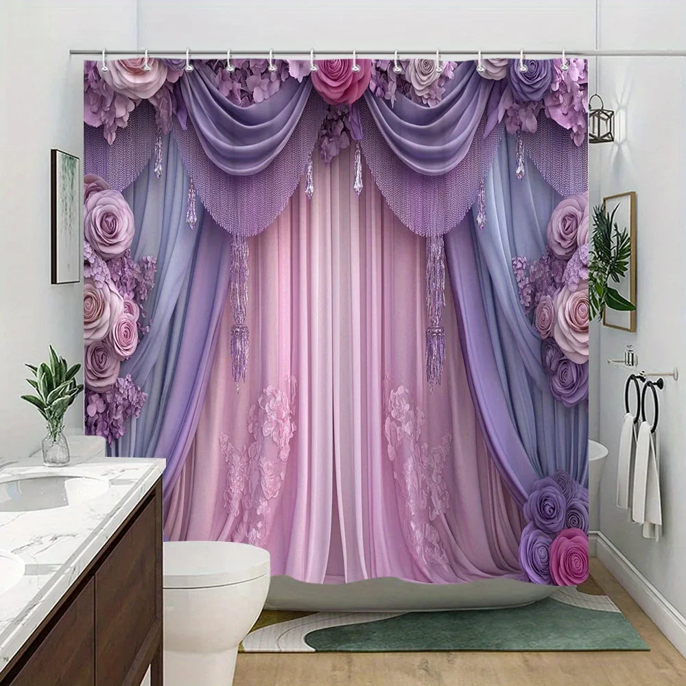 Victorian Lavender & Pink Floral Shower Curtain - Crystal Pendants, Elegant Luxury Polyester, 12 Hooks, Elegant Bath Decor