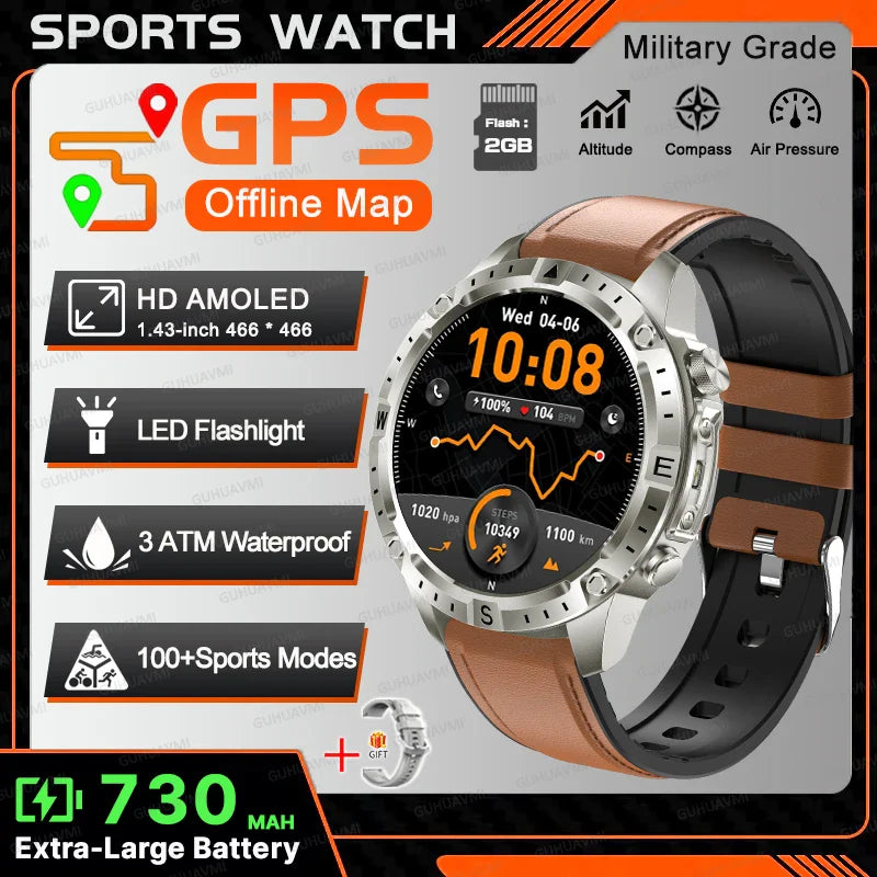 New TANK Military GPS Offline Map Smart Watch 730mAh 3 ATM Waterproof Sports Compass Heart Rate 2GB HD Bluetooth Call SmartWatch