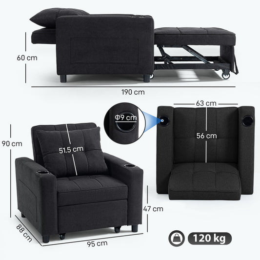 HOMCOM 3-in-1 Single Sofa Bed, Convertible Sleeper Chair Bed - Black