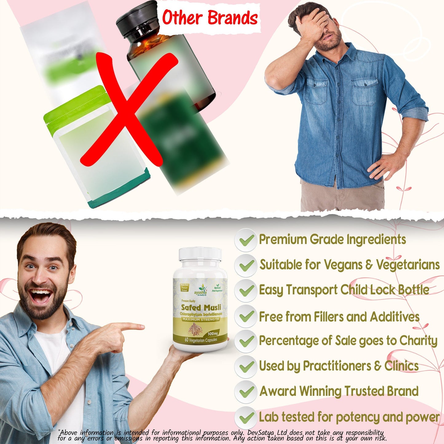 Ayushya Safed Musli Capsules (Chlorophytum Borivilianum) Strength & Stamina Support - Vegan, Gluten Free, Non-GMO, 60 Capsules