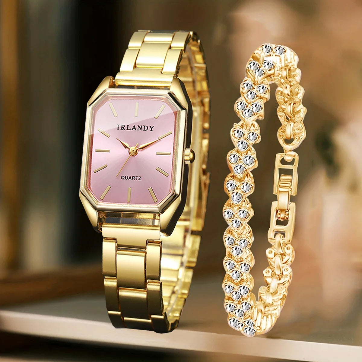 2PCS Fashion Rectangle Women Quartz Watch Rhinestone Bracelet Set Elegant Ladies Wristwatches Reloj Mujer Clock(Without Box)