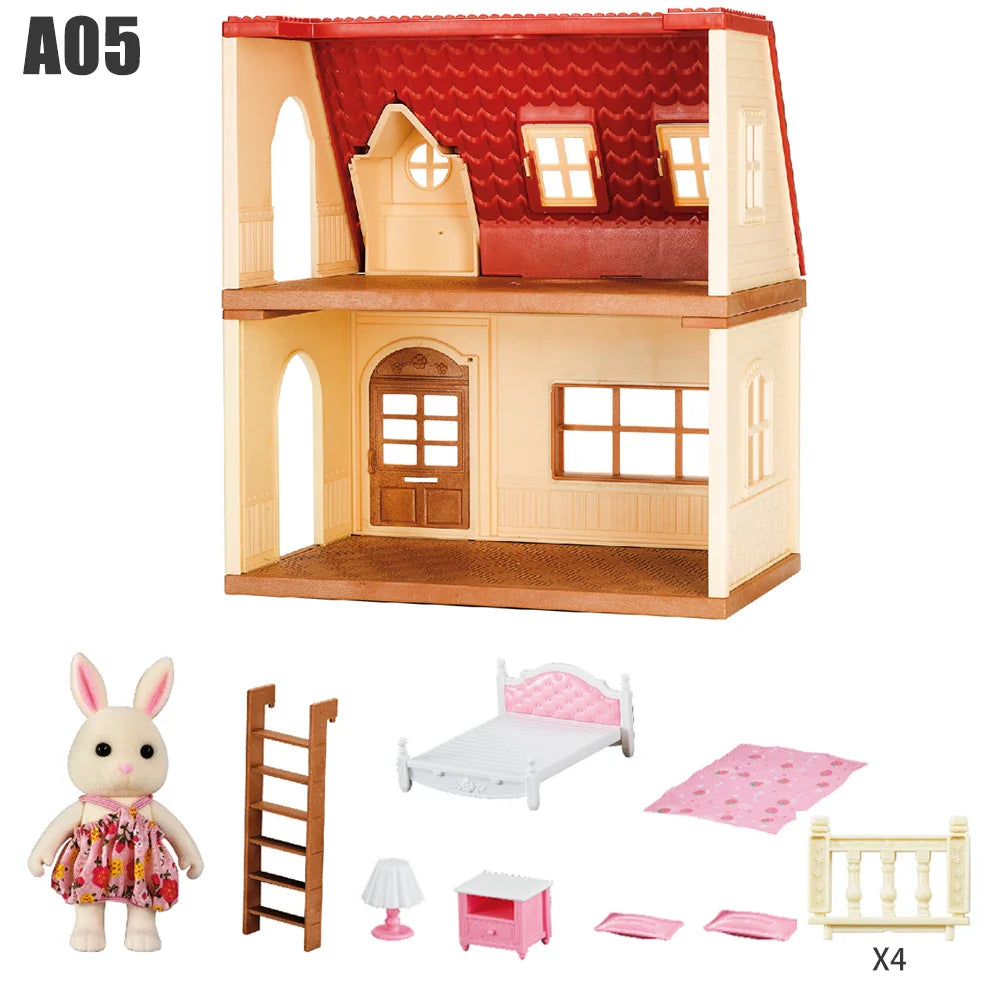 Family Dollhouse Furniture Playset Cabin Doll House DIY Cottage Pretend Play Kitchen Dollhouses Rabbit Dolls Birthdays Gifts