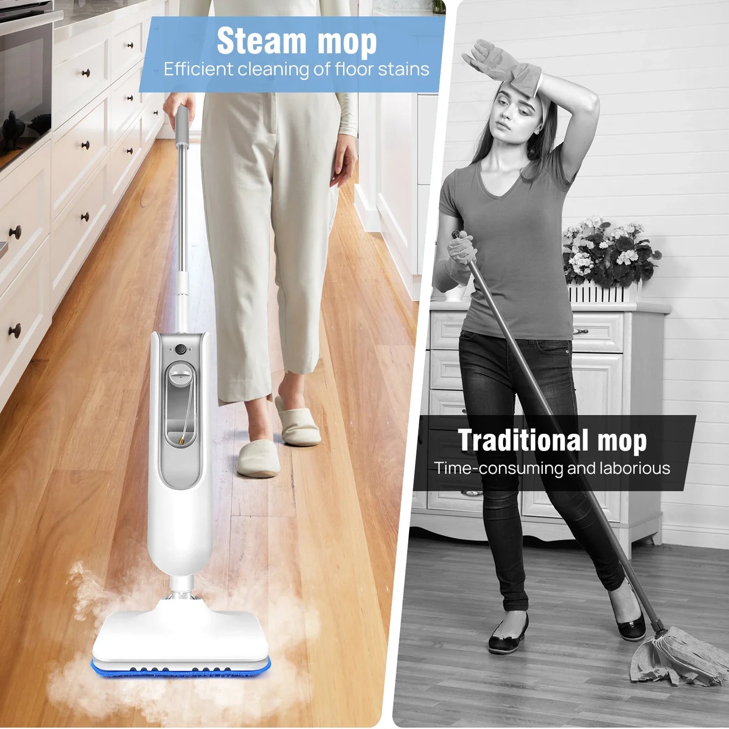 Steam Mop&Detachable Steam Cleaner,1500W Powerful Floor Steamer,Removes up to99.9%of Bacteria andViruses,for Carpet Clean,400ml
