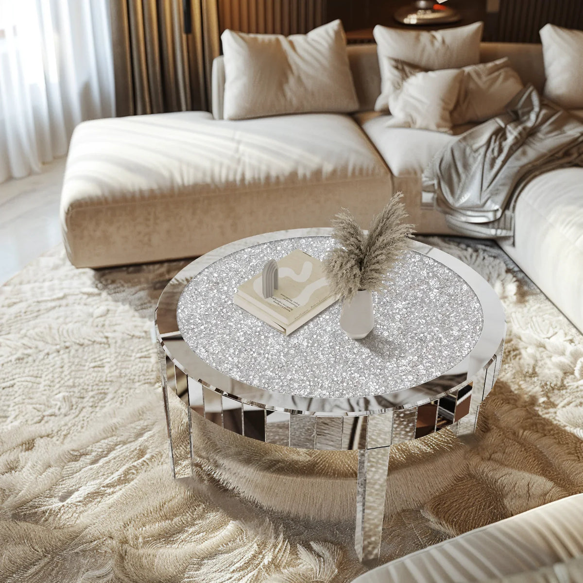FATIVO Large Round Mirrored Coffee Table Beveled Bling Crushed Diamond End Table