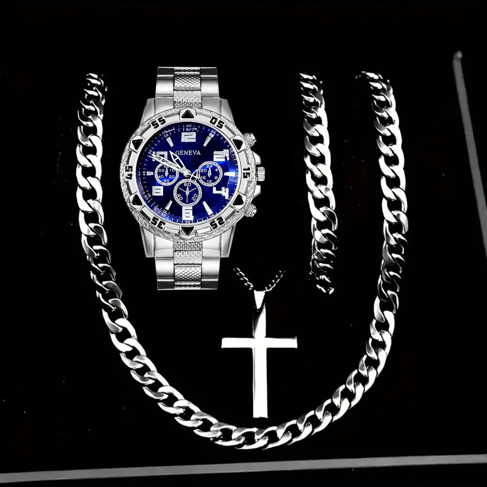 4PCS Fashion Arabic Dial Men Business Watches Bracelet Necklaces Set Luxury Mens Quartz Wristwatch Reloj Hombre(Without Box)